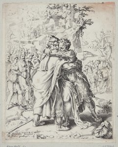 Giuseppe abbraccia suo padre da Dirck Volckertsz. Coornhert