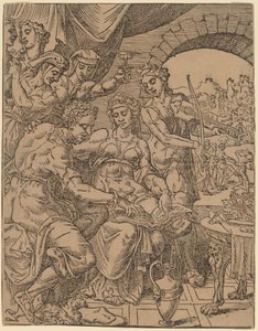 Il figliol prodigo che sperpera la sua eredità con le prostitute da Dirck Volckertz Coornhert after Maerten van Heemskerck