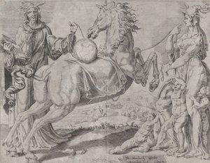 Conoscenza sciocca e amore sciocco che cercano di trattenere il mondo, da Il mondo sfrenato da Dirck Volkertsen Coornhert