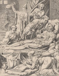 Il ricco sul letto di morte, dalla parabola di Lazzaro e il ricco, tavola 2, 1551 da Dirck Volkertsen Coornhert