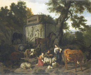 Paesaggio con pastori e bestiame vicino a una tomba da Dirck van Bergen