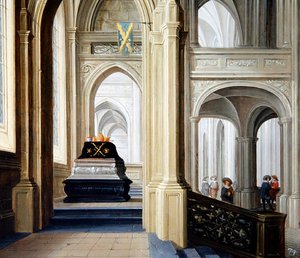 Interno di una chiesa con una tomba reale da Dirck van Delen