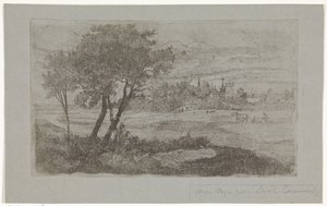 Paesaggio con alberi in primo piano e un aratro nel campo da Dirk Arnoldus Tavenraat