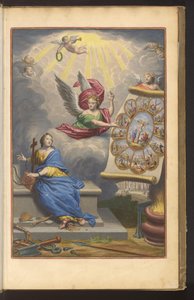 Frontespizio con angelo che mostra al Fede incatenato il martirio di Cristo e dei dodici Apostoli da Dirk Janszoon van Santen