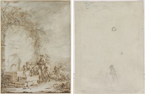 Frontespizio per un album di disegni: contadini a una fontana (recto) Schizzo di contadini a una fontana (verso) da Dirk Langendijk