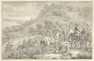 Paesaggio montano con cavaliere smontato e altri cacciatori a cavallo da Dirk Maas