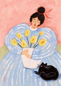 Donna con fiori e gatto