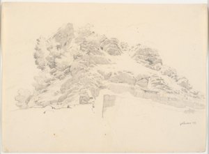 Paesaggio roccioso con un pittore sotto un parasole