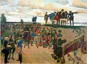 Fondazione della fortezza di San Pietroburgo da Pietro I il Grande (1672-1725) nel 18° secolo. Opera di Dmitri Nikolayevich Kardovsky (Kardovski) (1866-1943)