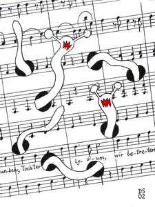 Feast of Joy - disegno di uno spartito musicale con vermi che divorano la pagina da Dmitri Smirnov