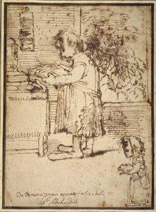 Caricatura del teologo Aldobrandini, con una nana che tiene il suo cane da Domenichino