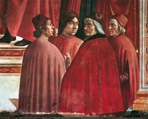 Storie della Vergine Maria: Annunciazione a Zaccaria, dettaglio di Cristoforo Landino, Angelo Poliziano e Marsilio Ficino, c.1485-90 da Domenico Ghirlandaio