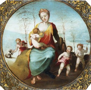 Beccafumi - Carità che allatta un bambino e circondata da tre bambini che giocano con un cane e cavalli da tiro, 1525 circa (ritagliato) da Domenico Beccafumi