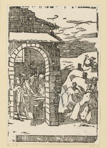 Il richiamo dei metalli. Efesto (Vulcano) e uno studioso sono in piedi davanti al fuoco di una fucina, mentre fuori, nascosti tra le rocce, si trovano gli dei (che rappresentano i metalli): Saturno (piombo), Giove (stagno), Venere (rame), Luna (argento), M