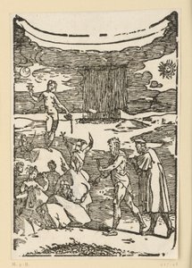 La scoperta dei metalli. Efesto (Vulcano) con il martello da minatore e il suo aiutante cercano i metalli. Dall