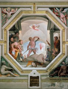 La decapitazione di Spurio Cassio Vecellino o Viscellino eseguita dal padre per aver considerato di diventare re nel 485 a.C. Affresco di Domenico di Giacomo di Pace detto Beccafumi (1486-1551) 1529-1535 Siena, Palazzo Pubblico da Domenico Beccafumi