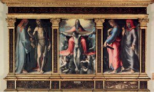 Trittico della Trinità: San Cosma, San Giovanni Battista, la Trinità, San Giovanni Evangelista e San Damiano. Insegna 