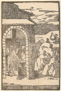Vulcano e il Filosofo (Teoria) lavorano nella fucina, mentre fuori i metalli si nascondono nelle rocce, foglio 1 della serie "De la Pirotechnia"