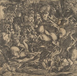 Gruppo di uomini nudi impegnati in battaglia in un paesaggio boschivo, alcuni a cavallo, un cane in basso, 1517 da Domenico Campagnola