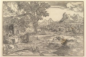 Paesaggio con San Girolamo a sinistra che guarda verso un leone e un orso che combattono al centro da Domenico Campagnola