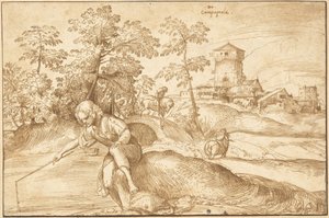 Paesaggio con ragazzo che pesca da Domenico Campagnola
