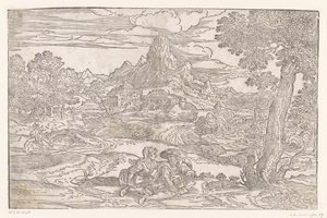 Paesaggio con coppia con una ghironda da Domenico Campagnola