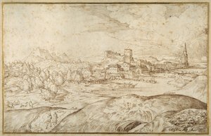 Paesaggio montuoso con un fiume e una città fortificata con una torre con guglia da Domenico Campagnola
