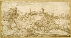 Paesaggio montuoso con una città collinare fortificata: un pastore avvicinato mentre cura il suo gregge in primo piano da Domenico Campagnola