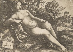 Donna nuda Venere reclinata in un paesaggio