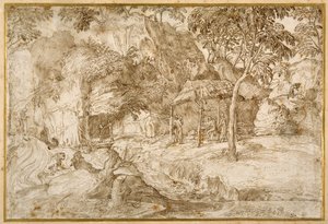 Pellegrini che visitano San Girolamo nel deserto da Domenico Campagnola