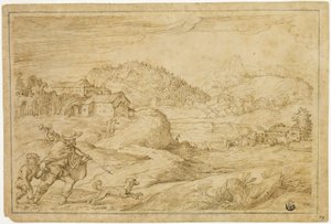 Paesaggio fluviale con San Rocco e un bambino che viaggia con un cane da Domenico Campagnola