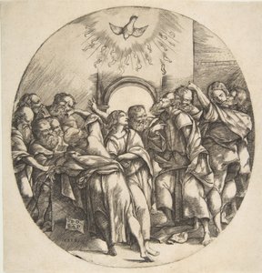 Lo Spirito Santo come un uccello che scende con le ali spiegate al centro superiore, i dodici Apostoli ..., 1518 da Domenico Campagnola