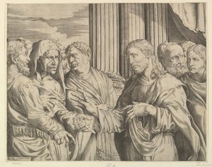 Il tributo: Cristo al centro-destra che gesticola verso un uomo alla sua sinistra con monete, ca. 1564-89