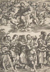 La Vergine al centro in alto tra le nuvole con le mani giunte e il piede destro sollevato, circondata da... da Domenico Campagnola