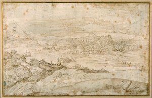 Paesaggio boscoso con un fiume tortuoso; in lontananza una città, un misto di guglie e cupole con rovine antiche da Domenico Campagnola
