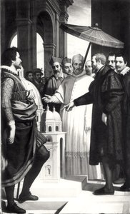 Michelangelo (1475-1564) presenta un modello della cupola di San Pietro a Papa Paolo IV (1476-1559)