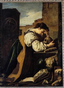 Melancholia Una giovane donna triste si china su un teschio, una sfera armillare dietro di lei. Dipinto (Vanitas) di Domenico Feti (1589-1624)