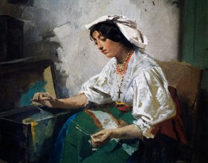 Ragazza che cuce da Domenico Induno