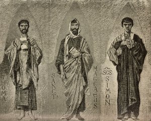 Santi Tommaso, Matteo e Simone, cartoni di Domenico Morelli per mosaico nella cattedrale di Amalfi, Italia, disegno di P Scoppetta, incisione da L