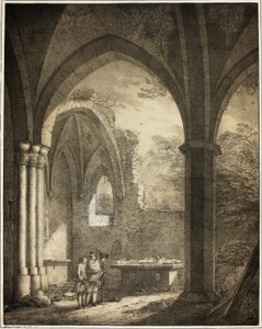 Rovina della Chiesa di Nostra Signora con le lapidi di Genevieve e del Conte Palatino Siegfried nella valle della Mosella vicino ad Andernach, dalla Collezione di edifici medievali memorabili in Germania da Domenico Quaglio