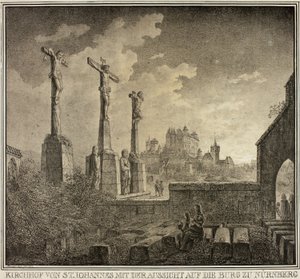 Cimitero di San Giovanni con vista sulla città di Norimberga, da Collezione di edifici medievali memorabili in Germania