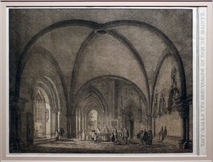 Domenico quaglio II, fonte battesimale e chiostro della cattedrale di magonza, dalla colelzione di edifici medievali memorabili della germania, 1823, litografia da Domenico Quaglio the Younger