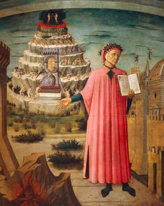 Dante Alighieri con la Divina Commedia in mano e montagne del purgatorio sullo sfondo (dettaglio)