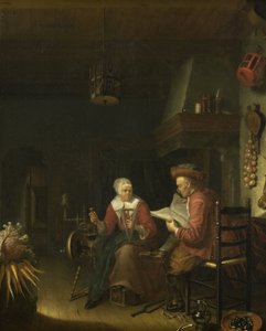 Interno con un uomo che legge e una donna che fila il filo da Domenicus van Tol