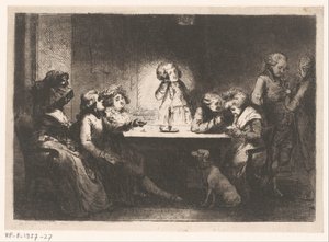 Compagnia intorno a un tavolo alla luce delle candele