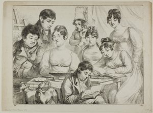 Conversazione, una famiglia che disegna e legge, la bambinaia che tiene un neonato, un ritratto del principe Edmond de Beauvau dietro una sedia, e ritratti di Madame Lavallée e Madame Vallory, entrambe sedute da Dominique Vivant Denon