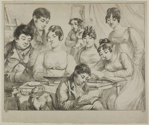 Conversazione, una famiglia che disegna e legge, la bambinaia che tiene in braccio un neonato, un ritratto del principe Edmond de Beauvau dietro una sedia, e ritratti di Madame Lavallée e Madame Vallory, entrambe sedute da Dominique Vivant Denon