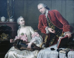 Ritratto di Monsieur et Madame de Corcelles che suonano musica in un interno da Donat Nonotte