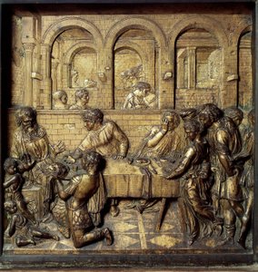 Il banchetto di Erode Antipa II (21 a.C.-39 d.C.). Dettaglio del rilievo inferiore del fonte battesimale realizzato da Donato di Niccolò di Betto Bardi detto Donatello (1386-1466)