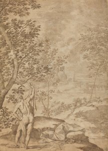 Apollo in piedi in un paesaggio fluviale